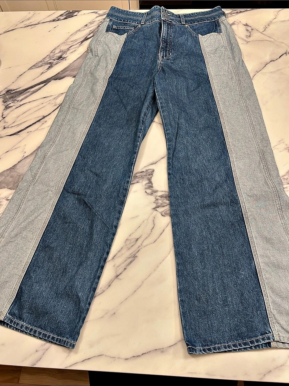 Veronica Beard Taylor Two-Tone Wide-Leg Jean Blue & Gray Waist 32